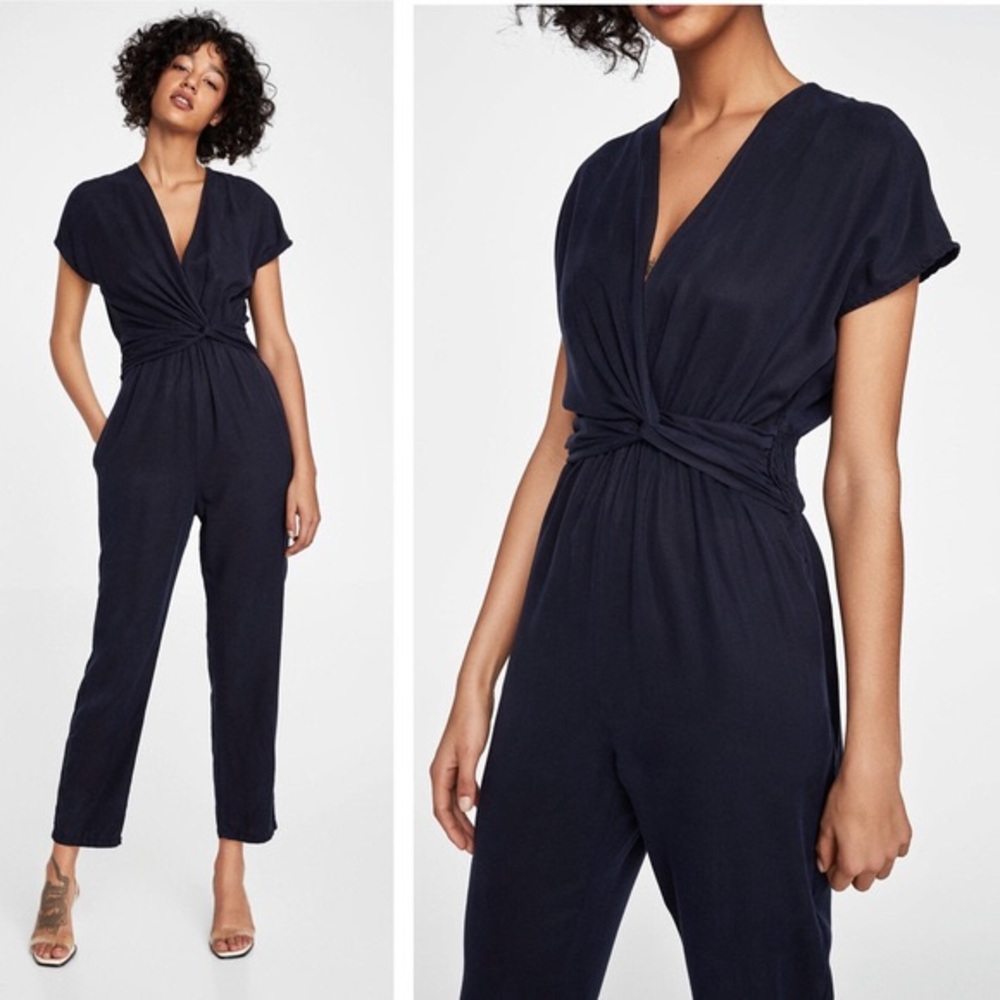 Zara Side Knot Tencel Navy Jumpsuit NWT